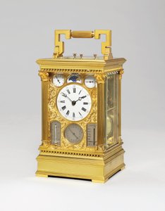 Grande sonnerie en laiton français, horloge de voyage de huit jours avec calendrier complet, phase de lune, baromètre et thermomètre, vers 1880 - Victorien Boseet