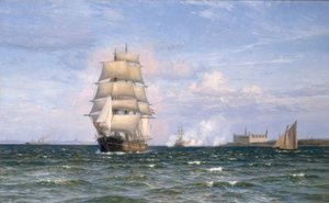 Navire danois devant le château de Kronborg et Helsingør au loin - Vilhelm Arnesen