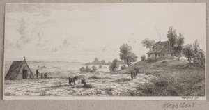 Paysage avec une ferme et une cabane