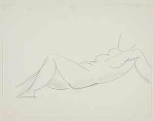 Modèle féminin allongé, jambes vers la gauche