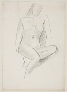 Femme assise, vue de face légèrement vers la droite, une jambe repliée sous l