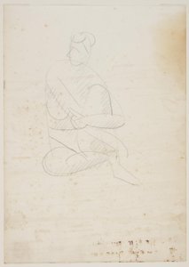Femme nue assise, vue de face, les bras autour du genou levé