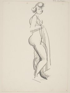 Femme nue debout, profil droit, draperie à la main - Vilhelm Lundstrøm