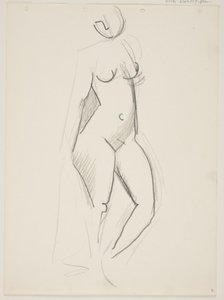 Femme nue debout, tournée vers la droite, draperie à la main