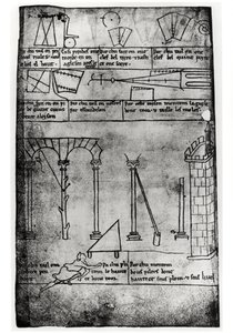 Ms.Fr.19093 fol.20v Figures géométriques pour la construction, arches et homme mesurant la hauteur d