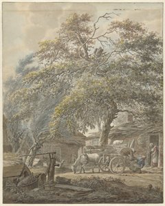 Cour de ferme avec deux hommes chargeant un berceau sur une charrette - Vincent Jansz. van der Vinne