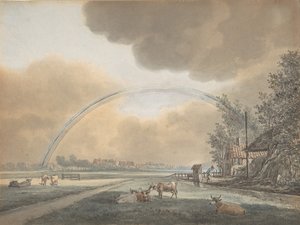 Paysage avec un arc-en-ciel sur une ferme et un village lointain, n.d. - Vincent Jansz. van der Vinne