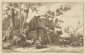 Berger assis avec du bétail devant une grange en ruine - Vincent Jansz. van der Vinne