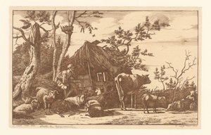 Berger assis avec du bétail devant une grange en ruine - Vincent Jansz. van der Vinne