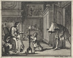 Un père effraie un enfant dans un intérieur - Vincent Laurensz. van der Vinne (II)