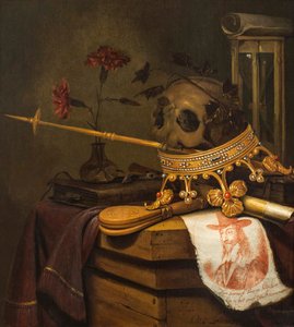 Nature morte de vanité avec un crâne, une couronne, un sceptre, une flûte, un soufflet, un sablier, des œillets dans un vase en verre, un parchemin, un livre et un portrait gravé de Charles Ier