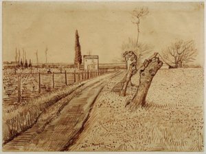 Paysage avec chemin et saules têtards