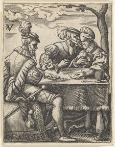 Deux hommes et une femme jouant aux cartes à une table, un homme appuyant son nez vers..., vers 1535-62 - Virgil Solis