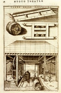 Mécanisme de poulie hydraulique à cheval pour déplacer des marchandises entre terre et eau, 1607