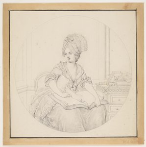 Jeune dame feuilletant un folio sur ses genoux