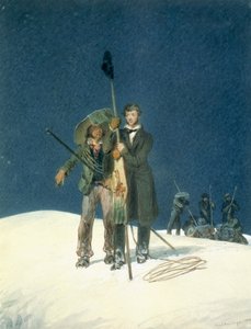 Charles Fellows avec William Hawes, plante un bâton au sommet, inclus comme insert dans Un récit d