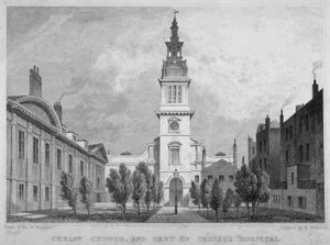 Vue ouest de Christ Church, Newgate Street, avec une partie de Christ