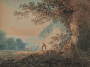 Paysage avec arbre au premier plan à droite, charrette et figures de femme et enfant - W Payne