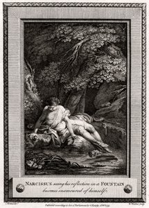 Narcisse voyant son reflet dans une fontaine devient amoureux de lui-même, 1775 - W. Walker
