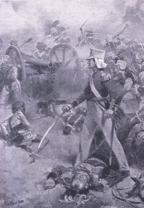 Chilianwala, 13 janvier 1849 : Le corps de Pennycuick gardé par son fils, illustration de British Battles on Land and Sea, 1915 - Wal Paget