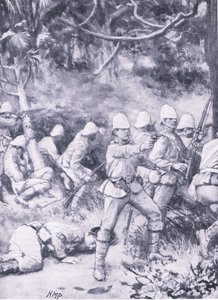 Combattre une route à travers la forêt en direction de Coomassie, illustration de 