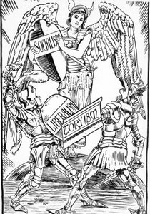 Allégorie de Walter Crane : Le socialisme triomphe durement de la lutte entre le libéralisme et le torysme (Parti conservateur anglais). Gravure de la fin du XIXe siècle.