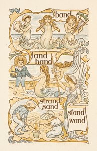 Mots rimant se terminant par la lettre D. Sirènes. Enfants construisant des châteaux de sable sur une plage. Le primer doré