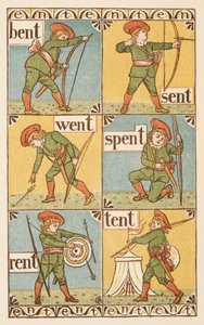 Mots rimant se terminant par la lettre T. Un garçon avec un arc et une flèche. Le Golden primer. - Walter Crane