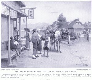 Le garçon Hideyoshi vendant des fagots de bois dans les rues