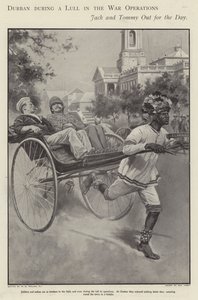 Marin et soldat britanniques se promenant en pousse-pousse dans les rues de Durban pendant une accalmie des combats de la guerre des Boers
