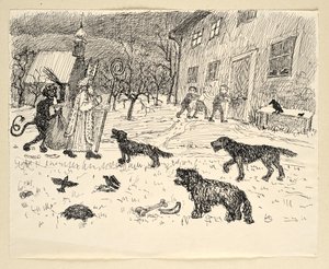 Saint Nicolas et Krampus dans le paysage avec les enfants - Walther Gamerith