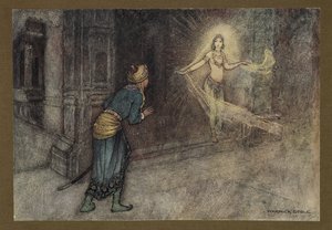 Planche 13: "Il vit une belle femme sortir du palais", de Folk-Tales of Bengal ... Avec 32 illustrations en couleur par Warwick Goble (Édition de luxe) 1914