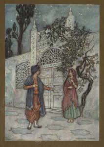 "Le prince ressuscita, et en se promenant, il vit une figure humaine près de la porte", de Folk-Tales of Bengal... Avec 32 illustrations en couleur par Warwick Goble - Warwick Goble
