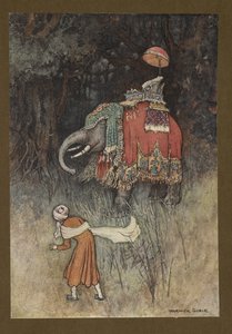 Planche 8: "Soudain, un éléphant richement caparaçonné traversa son chemin", de Folk-Tales of Bengal ... Avec 32 illustrations en couleur par Warwick Goble (Edition de luxe)