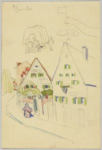Ruelle avec maisons à toit en selle et chariot bâché, verso : Vue d
