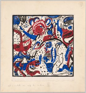 Holzschnitt nach dem Hinterglasbild "Große Auferstehung" (Probedruck mit Anweisungen für Kandinskys Buch "Klänge" (1912), S. 97) - Wassily Kandinsky