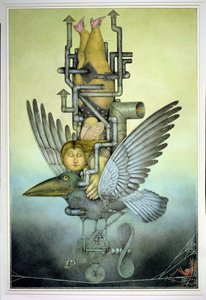 Une équilibriste sur un oiseau mécanique sur une corde raide (crayon et crayon de couleur sur papier) - Wayne Anderson
