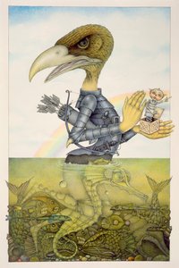 Oiseau en armure sur cheval de mer (crayon et crayon de couleur sur papier) (paire de 150071) - Wayne Anderson