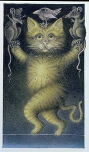 Cat on a Tightrope, balancing with Bird and Mice (crayon et crayon de couleur sur papier)