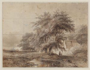 Paysage avec une ferme sous les arbres à droite, avec une femme et un enfant devant - Weissenbruch (workshop of)