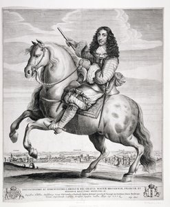 Portrait équestre de Charles II (1630-85) avec un paysage, publié c.1670