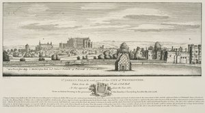 Palais St. James et une partie de la ville de Westminster du côté nord de Pall Mall en 1660, gravé par Richard Sawyer, publié en 1809