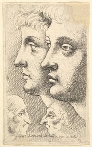 Deux jeunes en profil à gauche avec deux têtes grotesques se faisant face en dessous - Wenceslaus Hollar