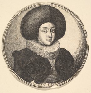 Femme avec un grand chapeau de fourrure circulaire et une fraise en dentelle