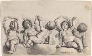 Trois chérubins et deux garçons levant chacun un bras sur des nuages