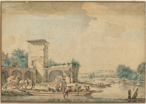 Paysage fluvial avec un bac