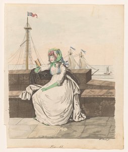 Femme lisant sur un quai, voiliers en arrière-plan