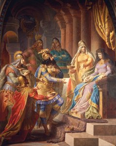 Gudrun consent à épouser Attila, roi des Huns, de la Saga de Gudrun, Salle Supérieure, vers 1883-84 - Wilhelm Hauschild