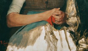 Deux mains avec tissu rouge sur tablier bleu - Wilhelm Maria Hubertus Leibl