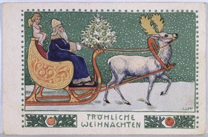 Carte postale représentant le Père Noël sur son traîneau, vers 1910